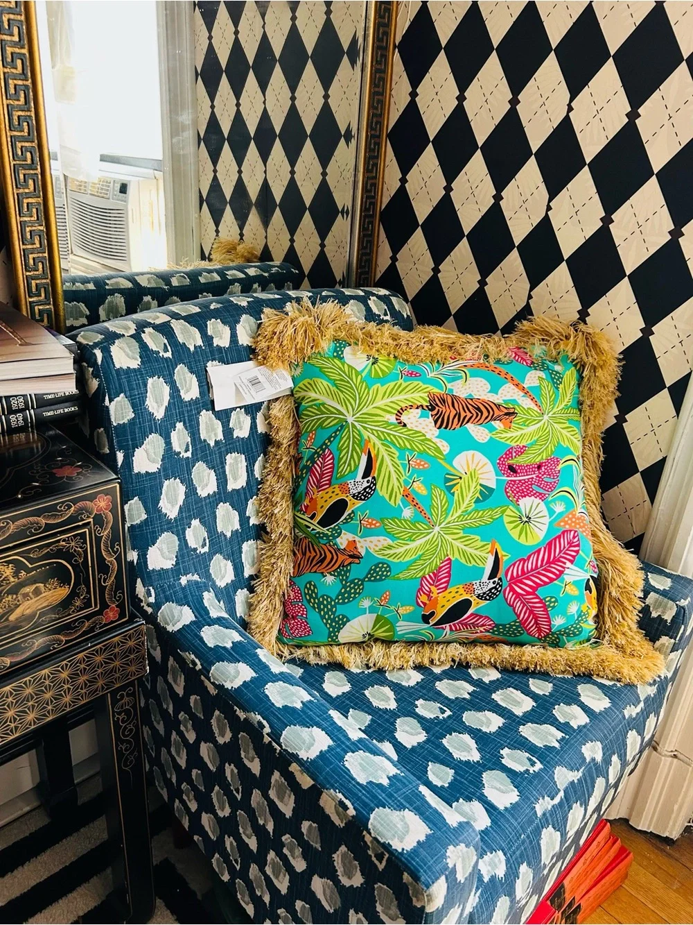 Oversized Statement Raffia Fringe Pillow Tropical Safari Print‎ 20”